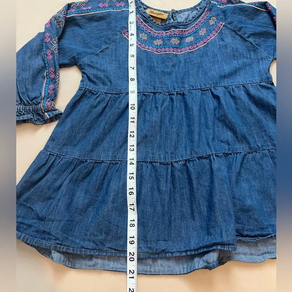 Wrangler Girls Embroidered Tiered Swing Denim Shirt Size Medium